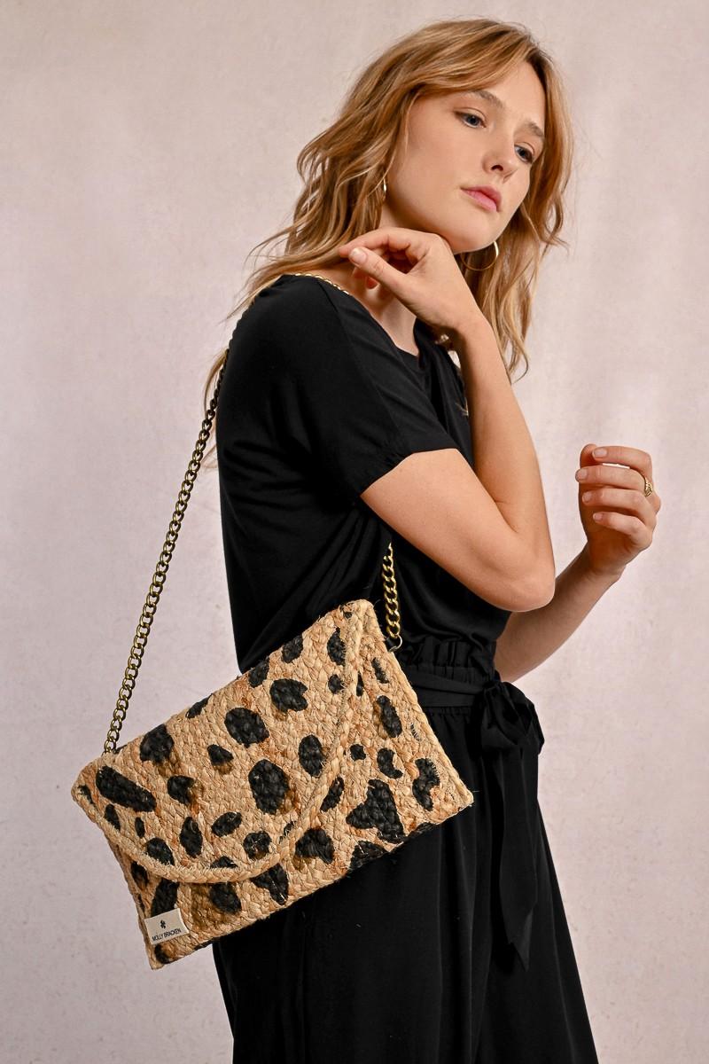 molly bracken Pochette à clip en paille motif léopard
