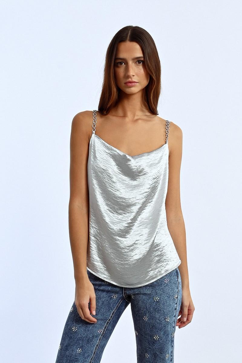 Molly Bracken Top à Bretelles à Strass Effet Satiné