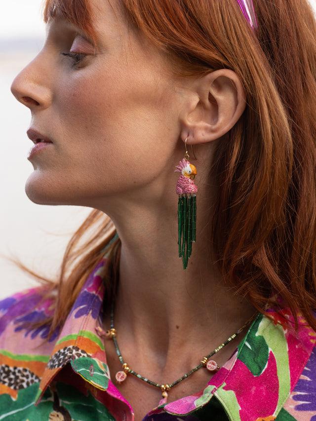 Nach Bijoux Boucles D'oreilles Cacatoès & Perles Vertes