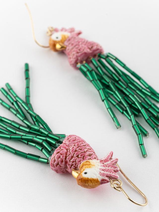 Nach Bijoux Boucles D'oreilles Cacatoès & Perles Vertes