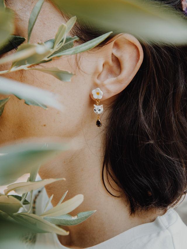 Nach Bijoux Boucles D'oreilles Chat Tabby & Fleur Avec Pampille