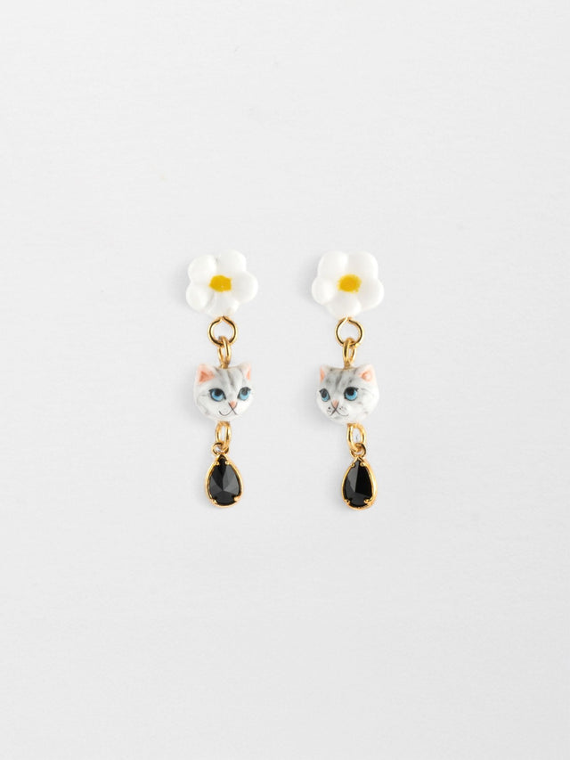 nach bijoux Boucles d'oreilles chat tabby & fleur avec pampille