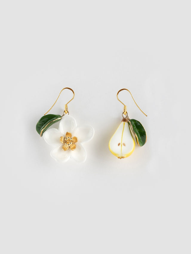 nach bijoux Boucles d'oreilles fleur de poirier poire & feuille