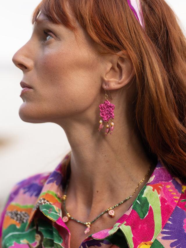 Nach Bijoux Boucles D'oreilles Fleur En Raphia & Cacatoès