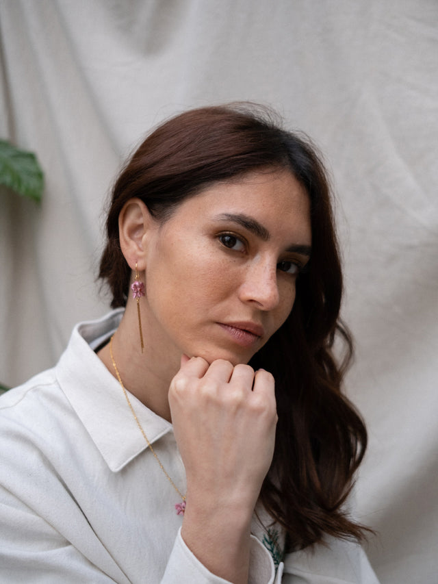 Nach Bijoux Boucles D'oreilles Orchidée Rose Avec Franges