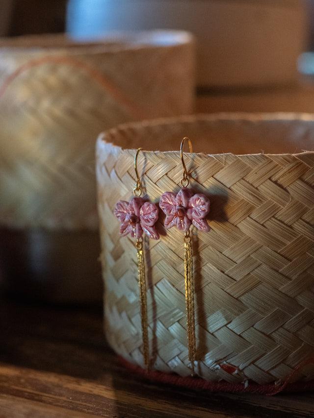 Nach Bijoux Boucles D'oreilles Orchidée Rose Avec Franges