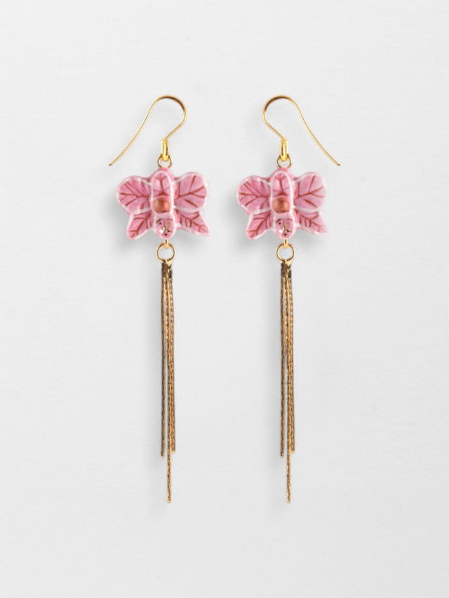 nach bijoux Boucles d'oreilles orchidée rose avec franges