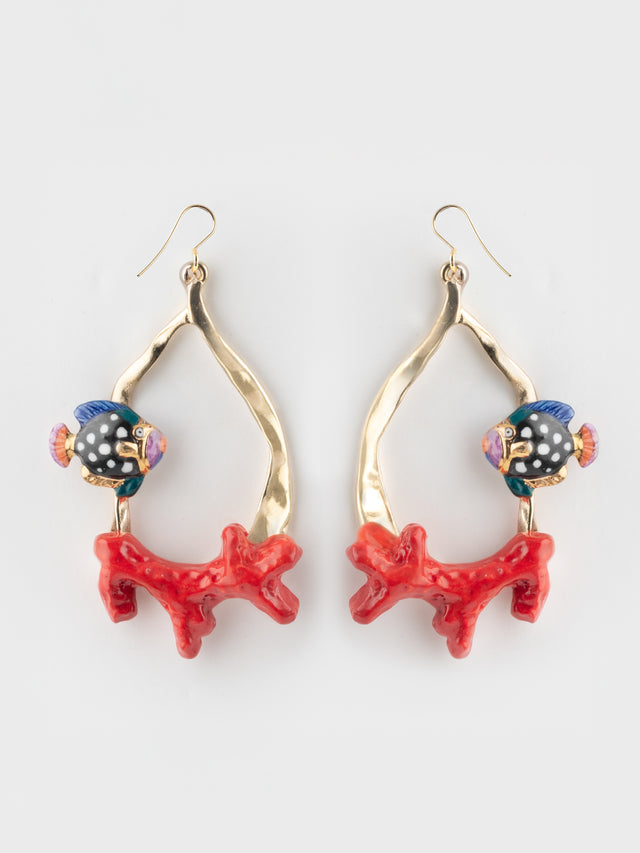 nach bijoux Boucles d'oreilles pendantes corail et poisson
