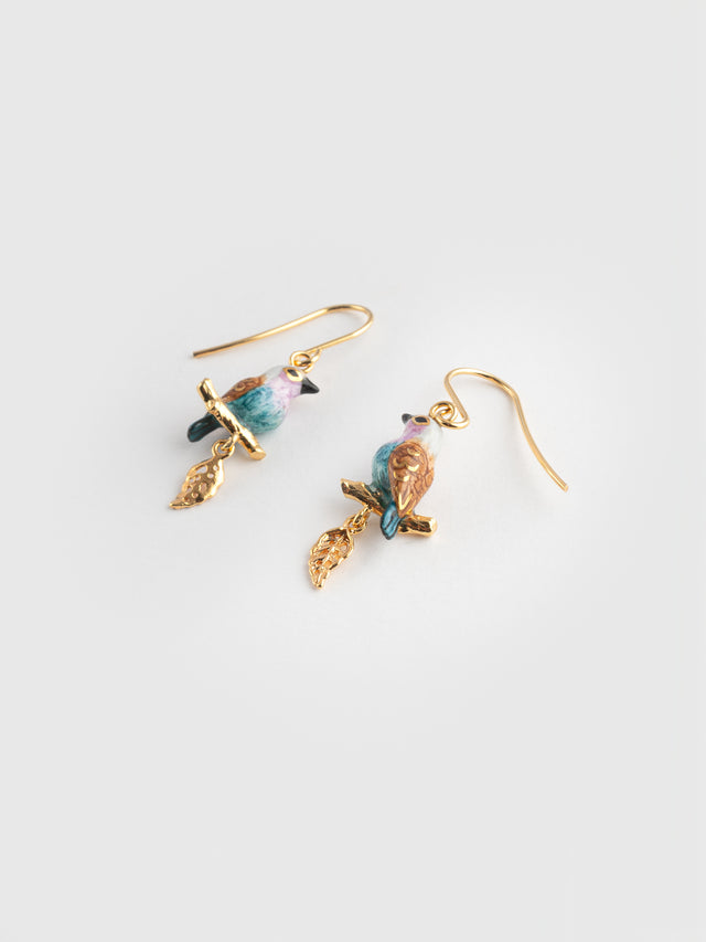 Nach Bijoux Boucles D'oreilles Pendantes Oiseau & Feuille D'or