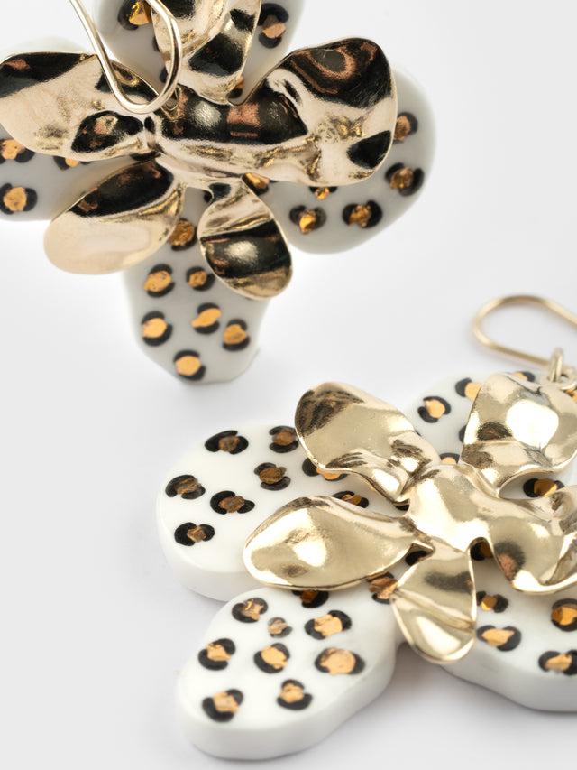 Nach Bijoux Boucles D'oreilles Pendantes Pétales Léopard Blanc & Doré