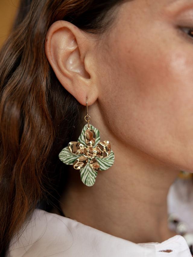 Nach Bijoux Boucles D'oreilles Pendantes Pétales Zèbre Vert