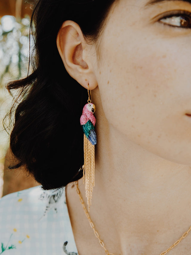 Nach Bijoux Boucles D'oreilles Perroquet Rose Avec Franges