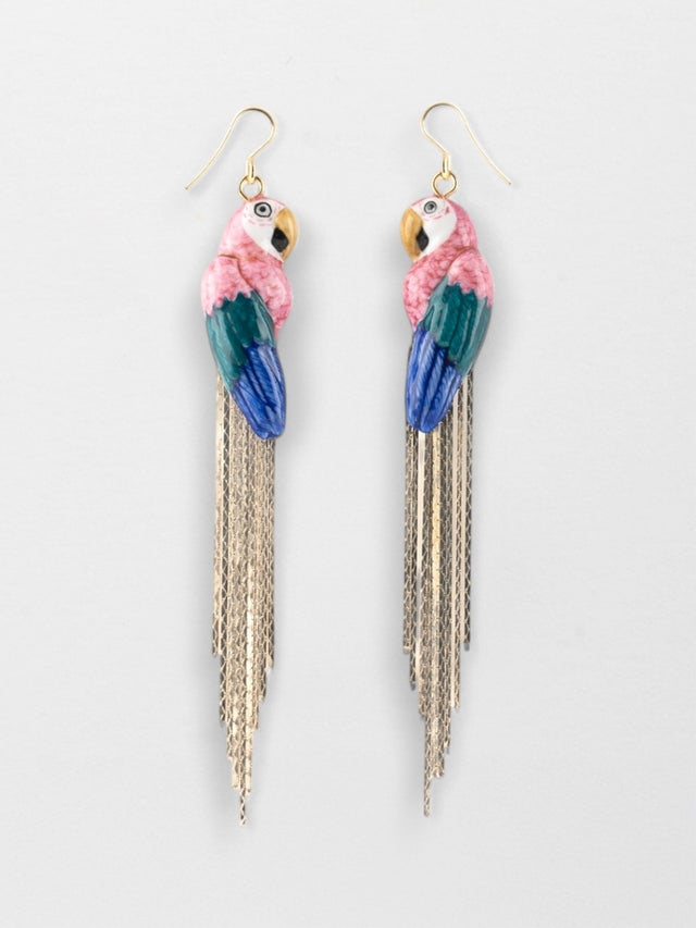 nach bijoux Boucles d'oreilles perroquet rose avec franges