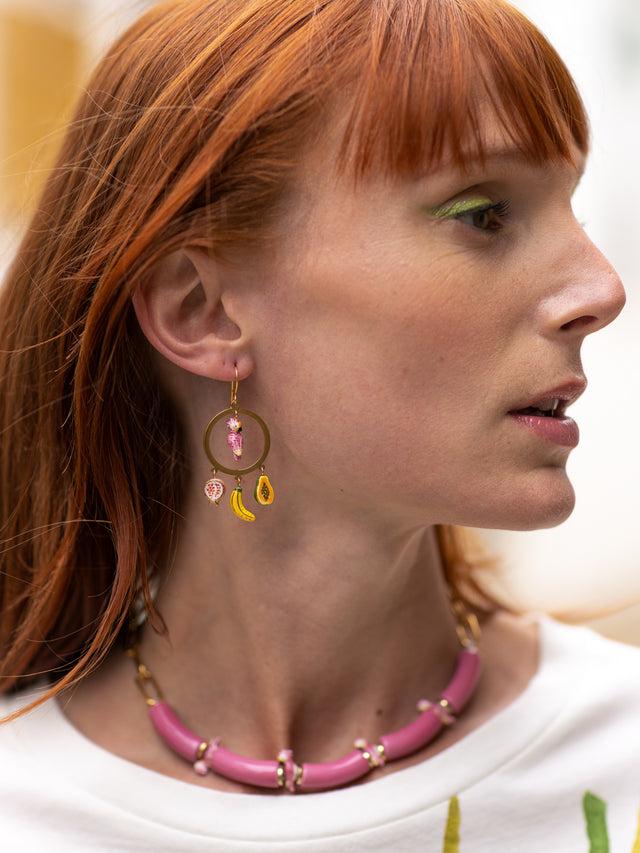 Nach Bijoux Boucles D'oreilles Rondes Cacatoès & Fruits