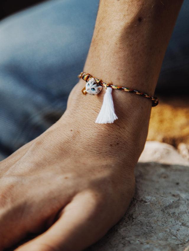 Nach Bijoux Bracelet Cordon Multicolore Chat Tabby Avec Pompon