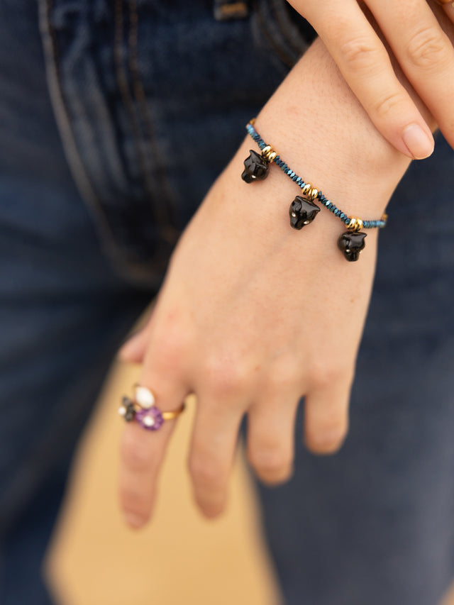 Nach Bijoux Bracelet En Perles D'hématite Et Têtes De Panthères