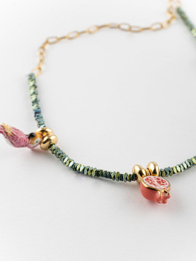 nach bijoux Collier perles d'hématite perruches & grenades