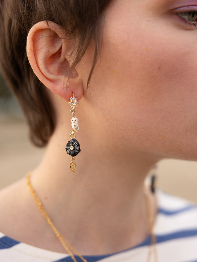Nach Bijoux Longues Boucles D'oreilles Chardon Chouette & Feuille Dorée