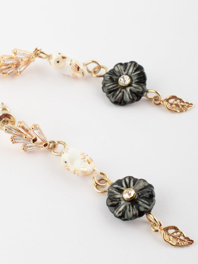 Nach Bijoux Longues Boucles D'oreilles Chardon Chouette & Feuille Dorée