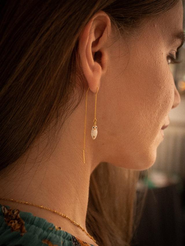 Nach Bijoux Longues Boucles D'oreilles Chouette Blanche