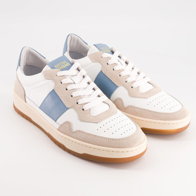 National Standard Sneakers Cuir Nappa Blanc Empiétement Suède Beige Et Bleu