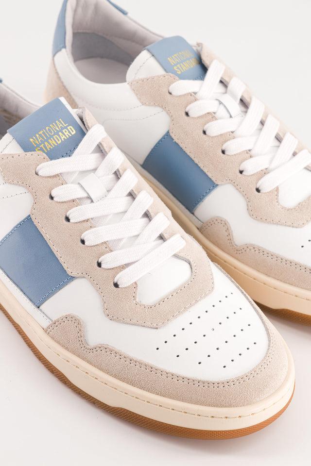 National Standard Sneakers Cuir Nappa Blanc Empiétement Suède Beige Et Bleu