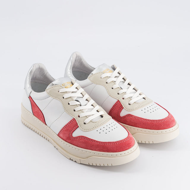 National Standard Sneakers En Cuir Nappa Blanc Argent Et Suède Rose