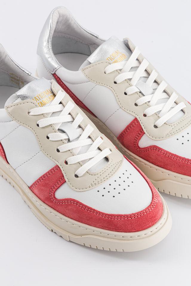 National Standard Sneakers En Cuir Nappa Blanc Argent Et Suède Rose