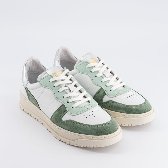 National Standard Sneakers En Cuir Nappa Blanc Argent Et Suède Verte