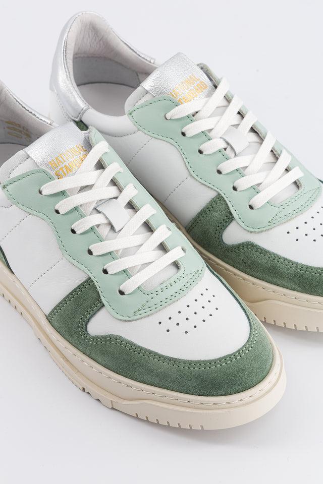 National Standard Sneakers En Cuir Nappa Blanc Argent Et Suède Verte
