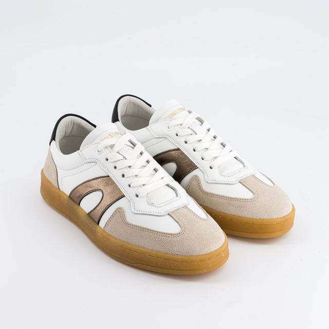 National Standard Sneakers En Cuir Nappa Blanc Et Or Veau Velours Beige
