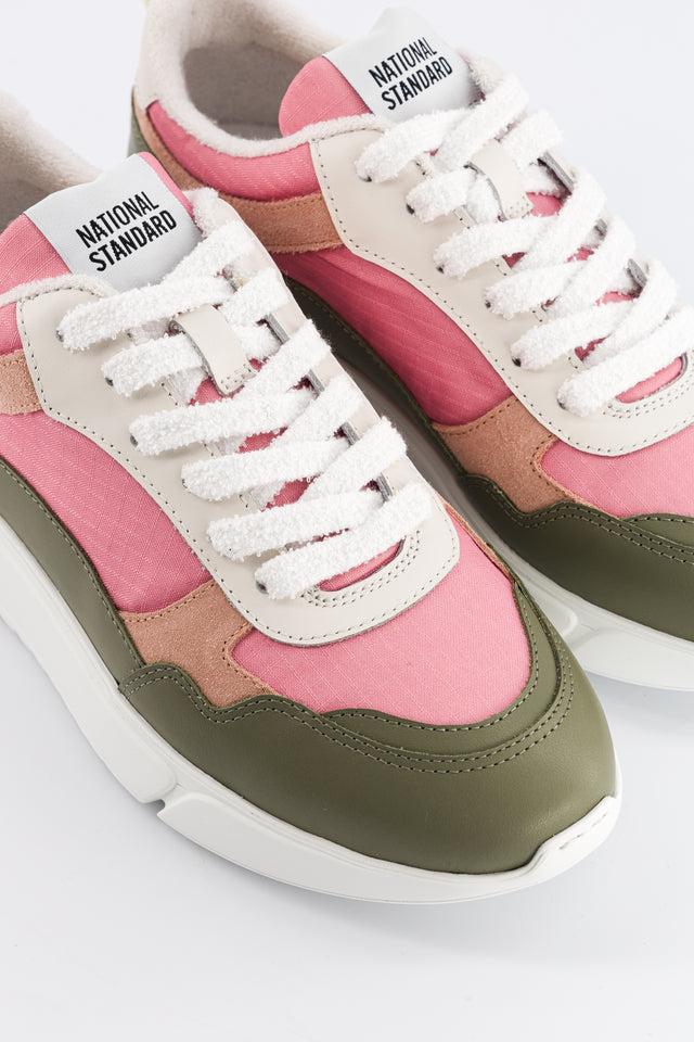 National Standard Sneakers Running En Mesh Rose Et Cuir Veau Velours Vert