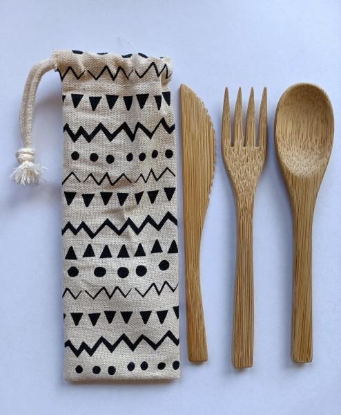 nuts innovations Bambus Besteck im Leinenbeutel Ethno natur 3er Set
