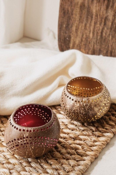 Nuts Innovations Teelichthalter Kokosnuss Wellen Rot