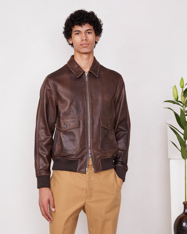 Officine Generale Bomber Cesario CUIR D'AGNEAU MARRON FONCE