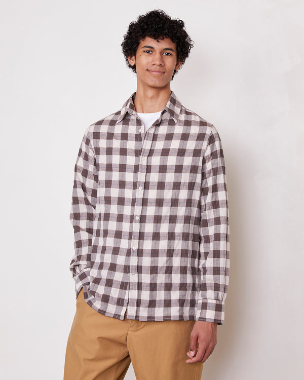 Officine Generale Chemise Alex Carreaxu Coton Lin Japonais BEIGE/BROWN/NAVY
