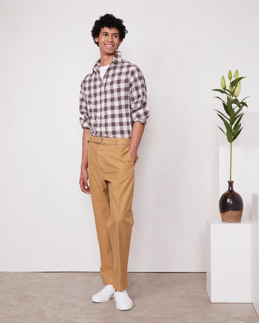 officine generale Chemise alex Carreaxu coton lin japonais BEIGE/BROWN/NAVY