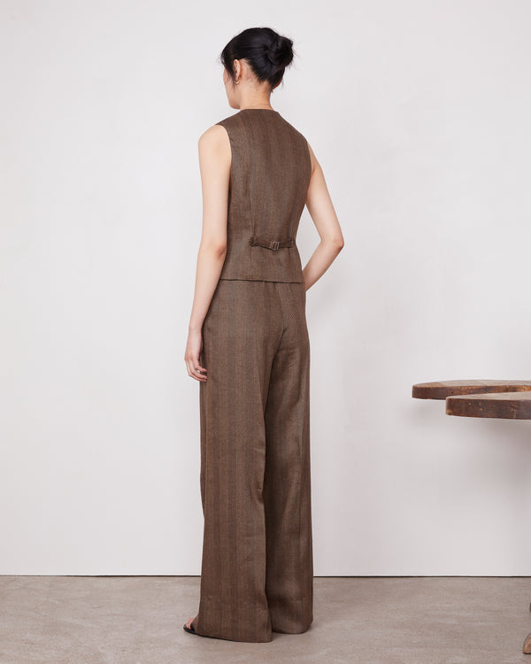 Officine Generale Gilet Cleo Mélange De Coton Et De Lin TOFFEE/BLACK