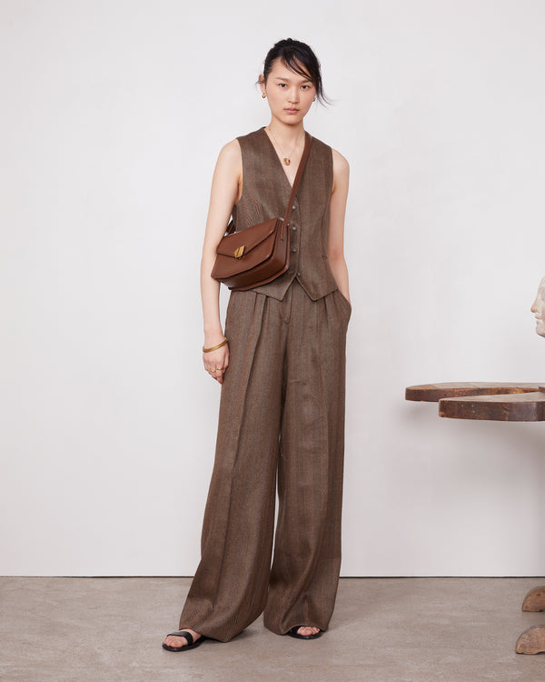 Officine Generale Pantalon Elia Mélange De Coton Et De Lin TOFFEE/BLACK
