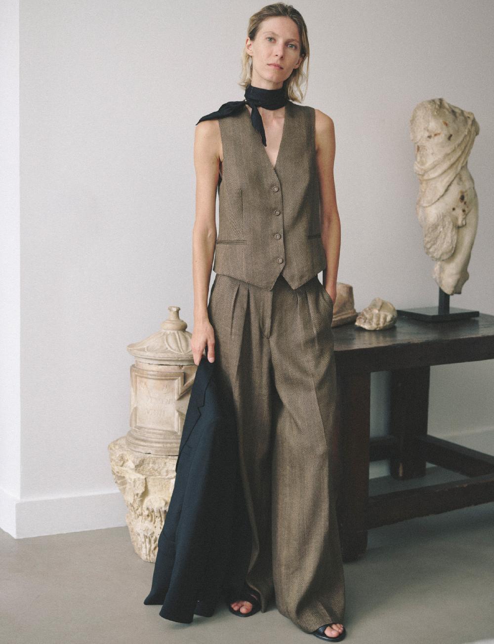 officine generale Pantalon elia Mélange de coton et de lin TOFFEE/BLACK