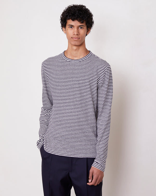 Officine Generale T-shirt Mini Rayures Coton Lin ECRU/NAVYINK