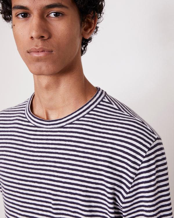 Officine Generale T-shirt Mini Rayures Coton Lin ECRU/NAVYINK