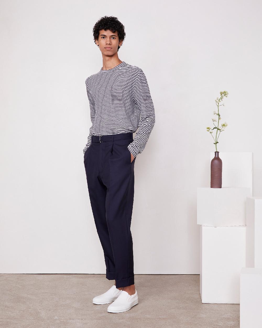 officine generale T-shirt Mini rayures coton lin ECRU/NAVYINK