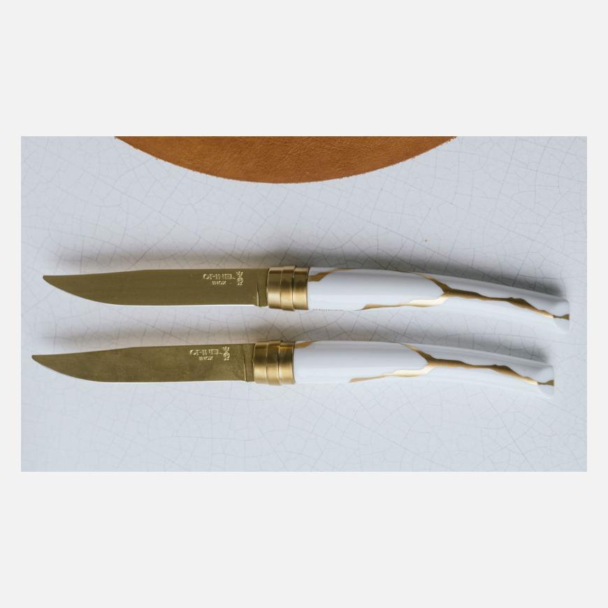 opinel Coffret de 2 couteaux de table Kintsugi Blanc Lame Or