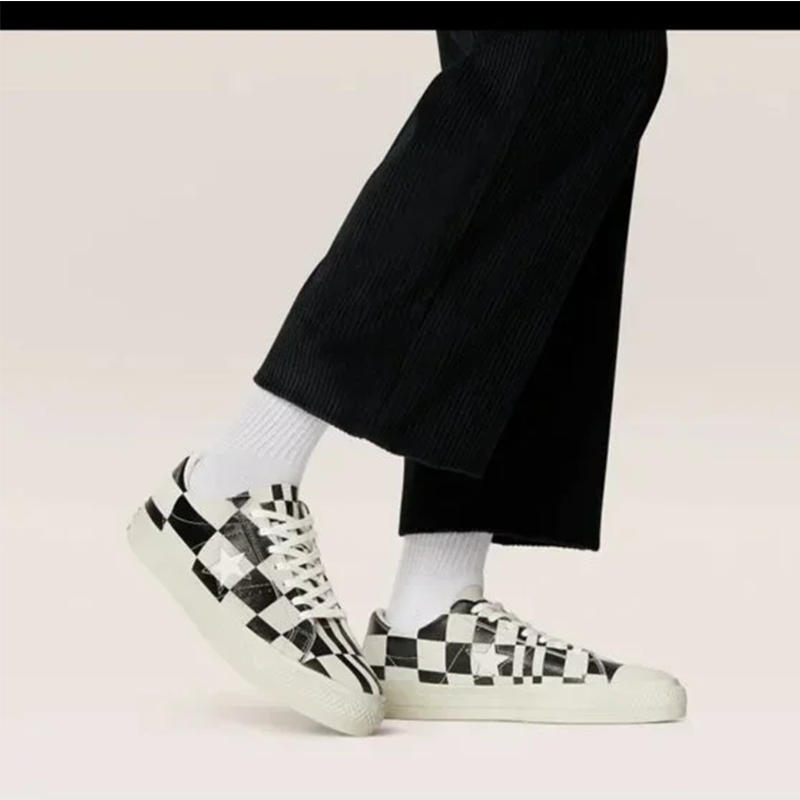 Opp France Black And White Plaid Low-top Star Leather Unisex Casual Shoes