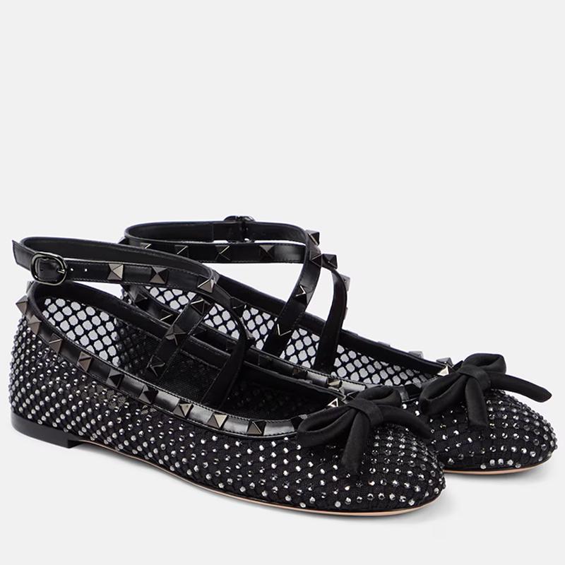 Opp France Black Breathable Women’s Flat Shoes Rivet Crystal Mesh Ballet Shoes