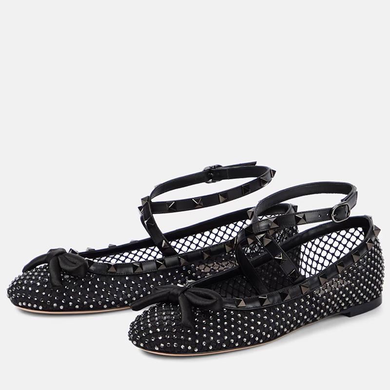 Opp France Black Breathable Women’s Flat Shoes Rivet Crystal Mesh Ballet Shoes