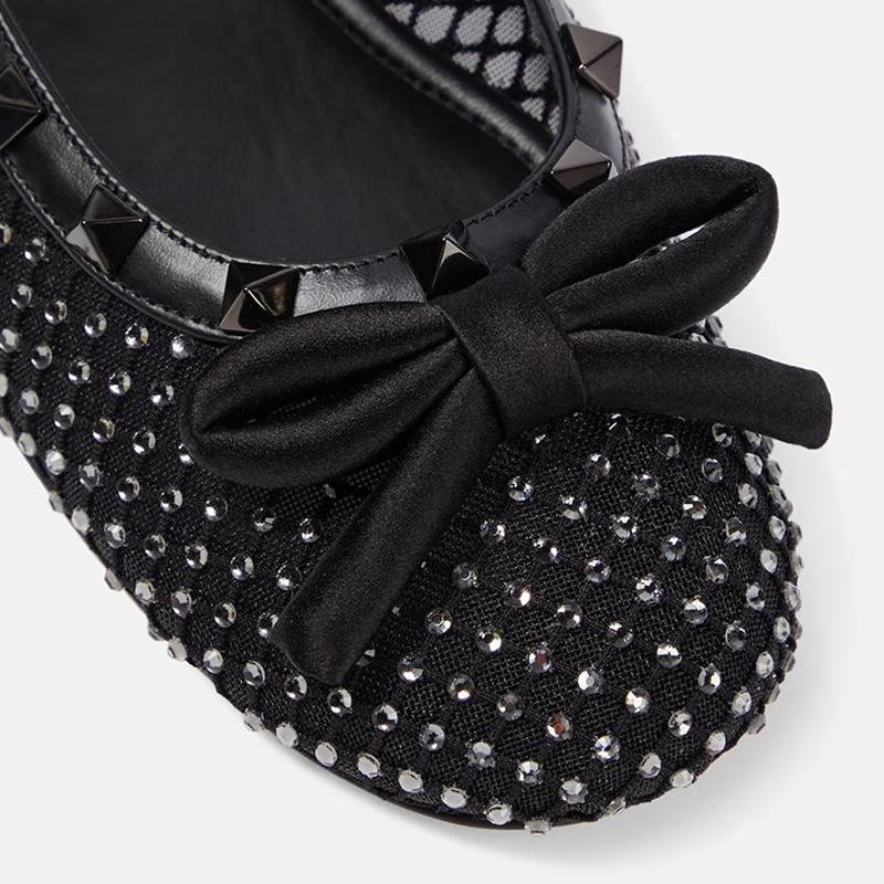 Opp France Black Breathable Women’s Flat Shoes Rivet Crystal Mesh Ballet Shoes