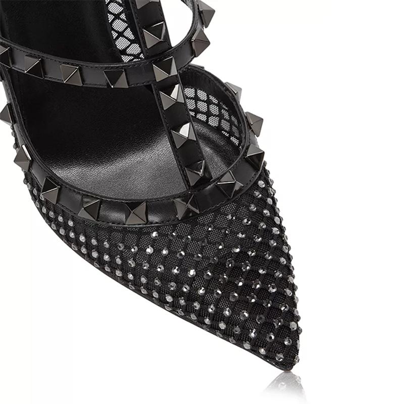 Opp France Black Pointed Rivet Yarn Mesh Dot Diamond Temperament Women’s High Heels