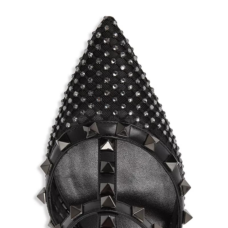 Opp France Black Pointed Rivet Yarn Mesh Dot Diamond Temperament Women’s High Heels